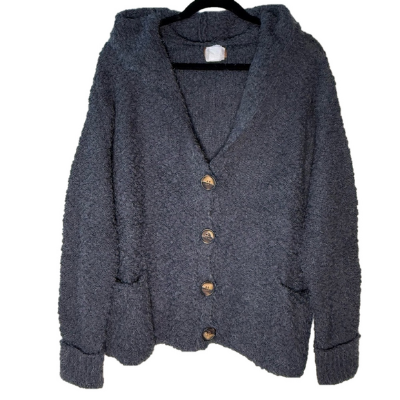 POL Women’s Size Small Dark Grey Popcorn Knit Hooded V-neck Button Up Cardigan